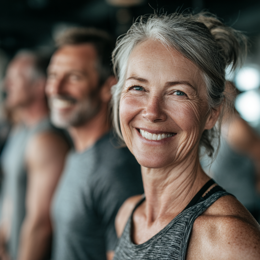 confident middle-aged adults exercising together in supportive group setting