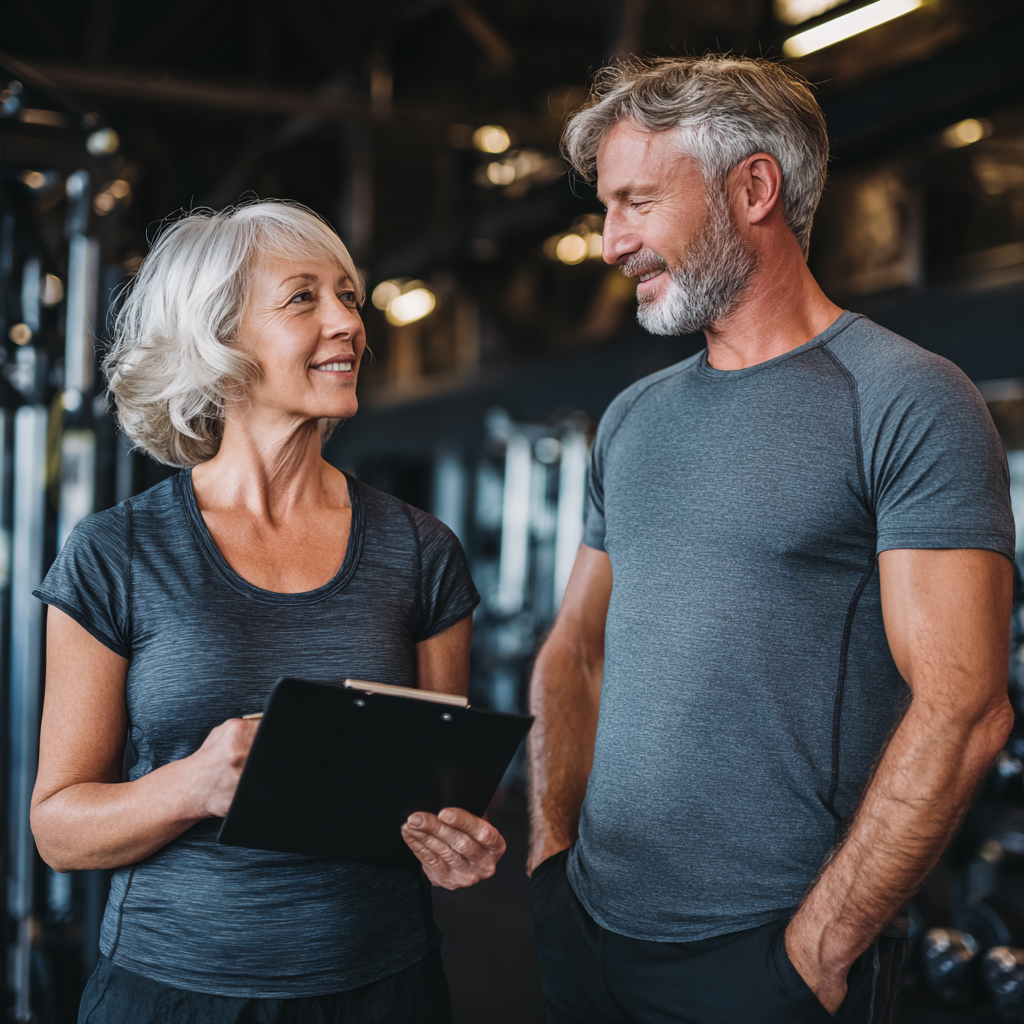 mature woman and man discussing fitness plan in comfortable gym environment